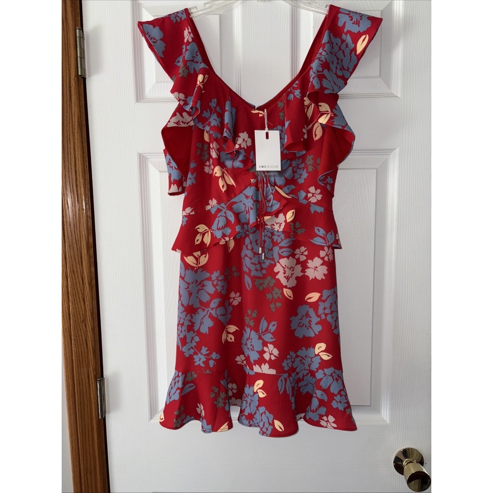 C/MEO Collective Red Floral Ruffle Cold Shoulder Mini Dress Womens Medium NWT - Picture 2 of 6
